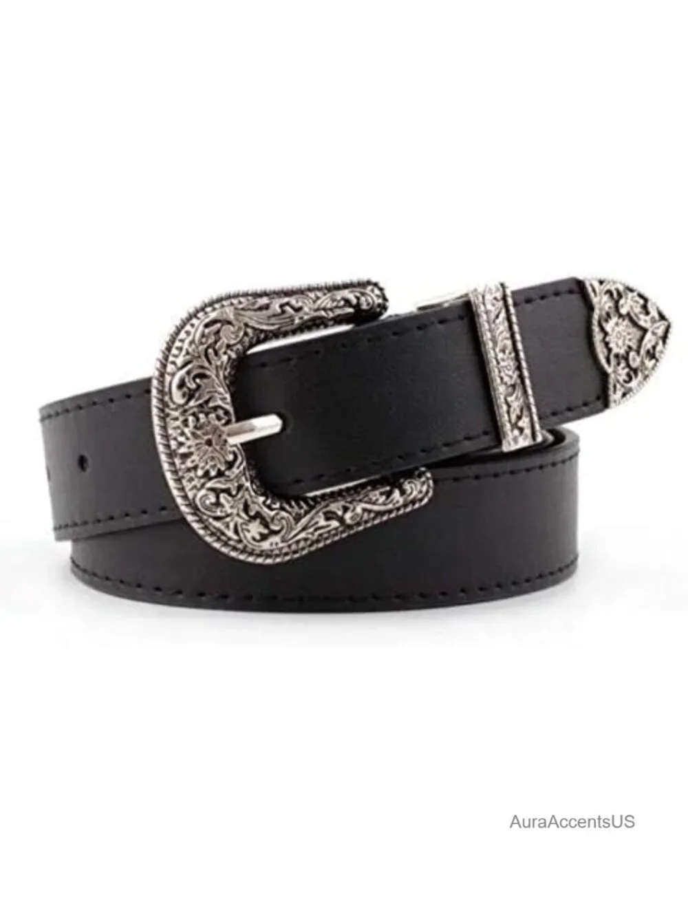 Vintage Faux Leather Belt with Floral Metal Buckle